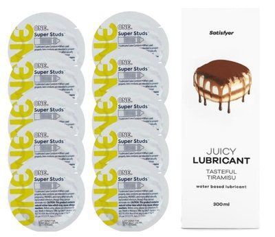 Комплект 𝐎𝐍𝐄 𝐒𝐮𝐩𝐞𝐫 𝐒𝐭𝐮𝐝𝐬 10 шт. + Лубрикант Satisfyer Juicy Lubricant Tasteful Tiramisu (300 мл) SOS12355 фото