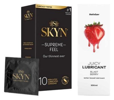 Комплект Лубрикант Satisfyer Juicy Blast Berry 300 мл + Skyn Supreme Feel 10 шт SOS12907 фото