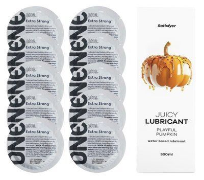Комплект ONE Extra strong 10 шт. + Лубрикант Satisfyer Juicy Lubricant Playful Pumpkin (300 мл) SOS12255 фото