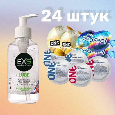 Набор 24 штук ONE Classic, Ribs, Ultra-Feel, Flavor Waves + Лубрикант EXS Aloe, 250 мл (прозрачный) SOS4718 фото