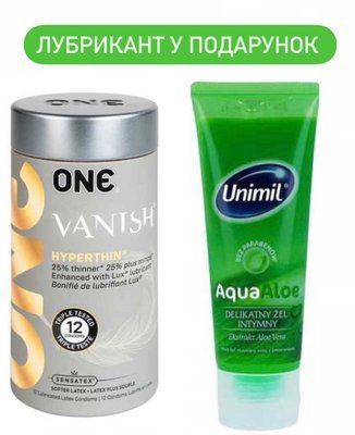 Набор ONE Vanish ультратонкі 12 шт + Лубрикант Unimil Aloe 80 мл SOS1838 фото