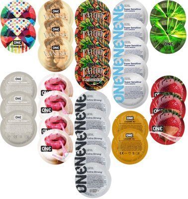 Набор с 33 шт ONE Extreme Ribs + ONE Vanish + ONE Tattoo + ONE Sensitive + ONE Glowing + ONE Pleasure Dome + ONE Bubblegum + ONE Extra Strong + ONE Legend XL + ONE Chocolate Strawberry SOS8336 фото