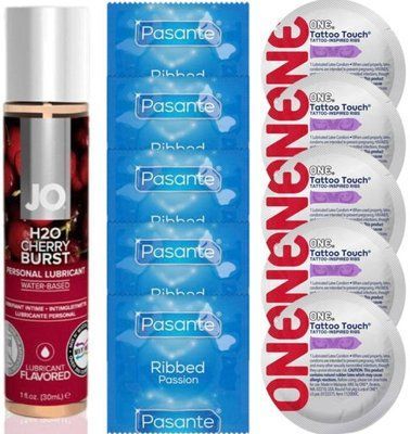 Набір 10 шт Pasante Ribbed та ONE Tattoo Touch + System JO H2O &mdash; Cherry Burst(30 мл) SOS4922 фото