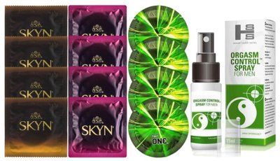Комплект: Пролонгатор SHS Orgasm Control Spray 15 мл + 8 шт. SKYN + 4 шт. ONE Glowing SOS10901 фото