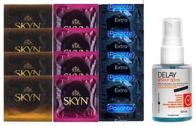 Комплект: Пролонгатор LOVELY LOVERS DELAY SPRAY 50 ML + 8 шт SKYN + 4 шт Pasante Extra Safe SOS10851 фото