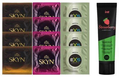 Комплект: Смазка Intt Strawberry (100 мл) + 8 шт SKYN + 4 шт EXS Snug Fit SOS10397 фото