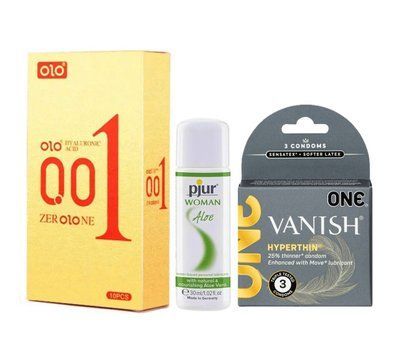 Набір : OLO Gold 001 (10 шт) , ONE Vanish Triple Set (3 шт) та Лубрикант Pjur Woman Aloe &ndash; 30 мл SOS993 фото