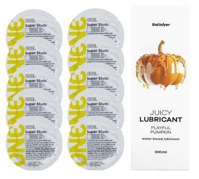 Комплект 𝐎𝐍𝐄 𝐒𝐮𝐩𝐞𝐫 𝐒𝐭𝐮𝐝𝐬 10 шт. + Лубрикант Satisfyer Juicy Lubricant Playful Pumpkin (300 мл) SOS12356 фото