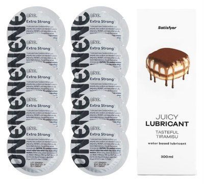 Комплект ONE Extra strong 10 шт. + Лубрикант Satisfyer Juicy Lubricant Tasteful Tiramisu (300 мл) SOS12256 фото