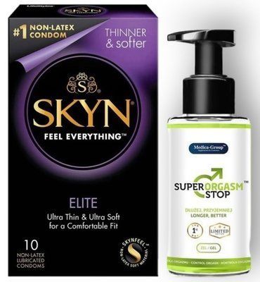 Набор из SKYN Elite 10 шт + Пролонгатор Medica-group Super Orgasm Stop 150 ML SOS8888 фото