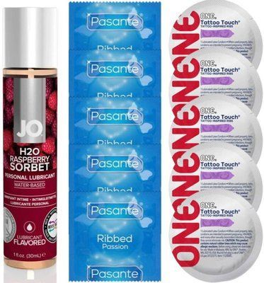 Набір 10 шт Pasante Ribbed та ONE Tattoo Touch + System JO H2O &mdash; Raspberry Sorbet(30 мл) SOS4923 фото