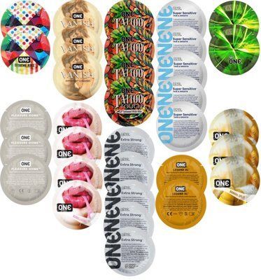 Набор с 33 шт ONE Extreme Ribs + ONE Vanish + ONE Tattoo + ONE Sensitive + ONE Glowing + ONE Pleasure Dome + ONE Bubblegum + ONE Extra Strong + ONE Legend XL + ONE Banana Split SOS8337 фото