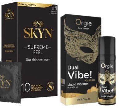 Набор из Skyn ​​Supreme Feel 10 шт + Жидкий вибратор SEXY VIBE "Коктейль Пена Колада" DUAL VIBE! (15 мл) от Orgie SOS10298 фото