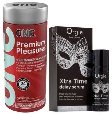 Набор из 24 шт ONE Premium Pleasures + Пролонгатор Orgie Xtra Time Delay Serum, 15 мл SOS9388 фото