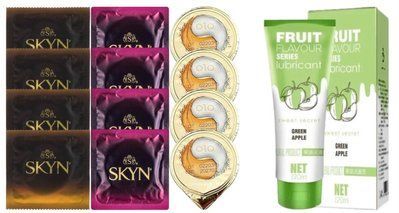Комплект: Лубрикант OLO со вкусом яблока (120 мл) + 8 шт. SKYN + 4 шт. OLO Gold 001 SOS10752 фото