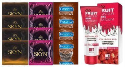 Комплект: Лубрикант OLO со вкусом клубники (120 мл) + 8 шт. SKYN + 4 шт. Pasante Chocolate Temptation SOS10602 фото