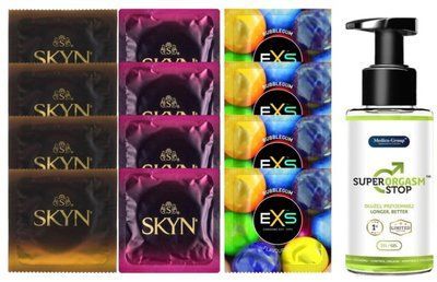 Комплект: Пролонгатор Super Orgasm Stop Гель (150 мл) + 8 шт. SKYN + 4 шт. EXS BUBBLEGUM SOS10802 фото