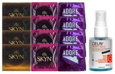 Комплект: Пролонгатор LOVELY LOVERS DELAY SPRAY 50 ML + 8 шт SKYN + 4 шт Pasante Adore SOS10852 фото
