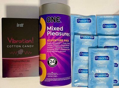 Комплект 34 шт ONE Mixed Pleasures + Pasante Cooling + Жидкий вибратор Intt Vibration Cotton Candy (15 мл) SOS1539 фото