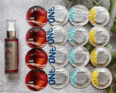 Комплект 16 шт ONE Classic, Super Sensitive, Flavor Waves, Super Studs + лубрикант OLO зігріваючий 60 мл SOS2440 фото