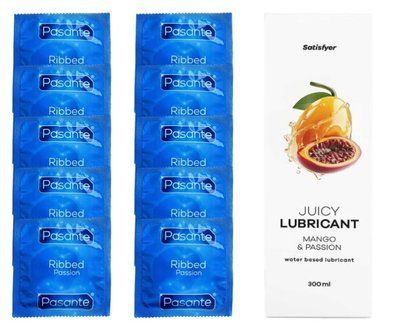 Комплект Pasante Ribbed 10 шт. + Лубрикант Satisfyer Juicy Lubricant Mango & Passion (300 мл) SOS12107 фото
