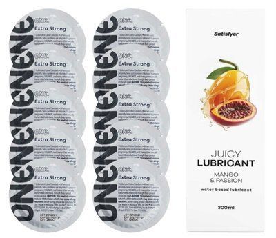 Комплект ONE Extra strong 10 шт. + Лубрикант Satisfyer Juicy Lubricant Mango & Passion (300 мл) SOS12257 фото