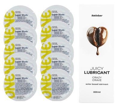 Комплект 𝐎𝐍𝐄 𝐒𝐮𝐩𝐞𝐫 𝐒𝐭𝐮𝐝𝐬 10 шт. + Лубрикант Satisfyer Juicy Lubricant Crazy Crave (300 мл) SOS12357 фото