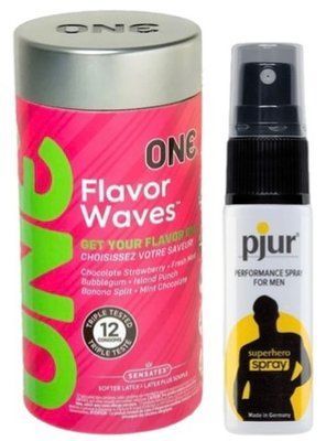 Набор из 12 шт ONE Flavor Waves + Пролонгатор pjur Superhero Spray 20 мл SOS9339 фото