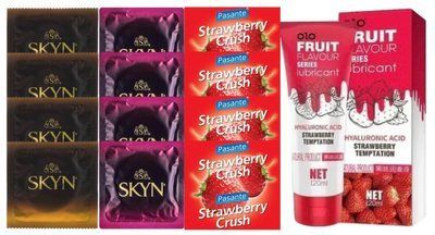 Комплект: Лубрикант OLO со вкусом клубники (120 мл) + 8 шт. SKYN + 4 шт. Pasante Strawberry Crush SOS10603 фото