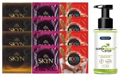 Комплект: Пролонгатор Super Orgasm Stop Гель (150 мл) + 8 шт. SKYN + 4 шт. EXS STRAWBERRY SOS10803 фото
