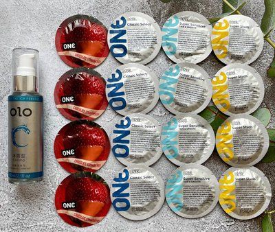 Комплект 16 шт ONE Classic, Super Sensitive, Flavor Waves, Super Studs + лубрикант OLO охолоджуючий 60 мл SOS2441 фото