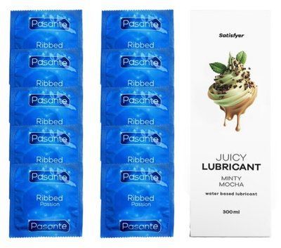 Комплект Pasante Ribbed 10 шт. + Лубрикант Satisfyer Juicy Lubricant Minty Mocha (300 мл) SOS12108 фото