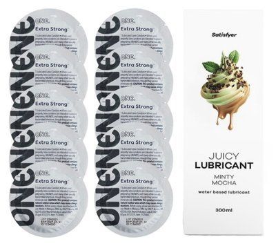 Комплект ONE Extra strong 10 шт. + Лубрикант Satisfyer Juicy Lubricant Minty Mocha (300 мл) SOS12258 фото