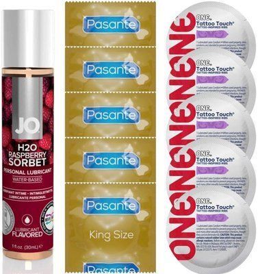 Набір 10 шт Pasante King Size та ONE Tattoo Touch + System JO H2O &mdash; Raspberry Sorbet(30 мл) SOS4888 фото