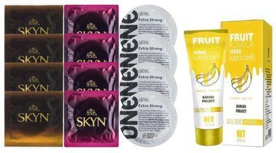 Комплект: Лубрикант OLO Banana (120 мл) + 8 шт. SKYN + 4 шт. ONE Extra strong SOS10503 фото