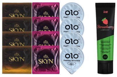 Набор: Лубрикант Intt Strawberry (100 мл) + 4 шт. SKYN passion daiquiri + 4 шт. SKYN CHERRY SUNRISE + 4 OLO Feeling Ultrathin 001 SOS10350 фото