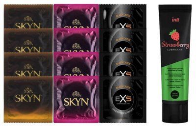Комплект: Смазка Intt Strawberry (100 мл) + 8 шт SKYN + 4 шт EXS Black Latex SOS10400 фото