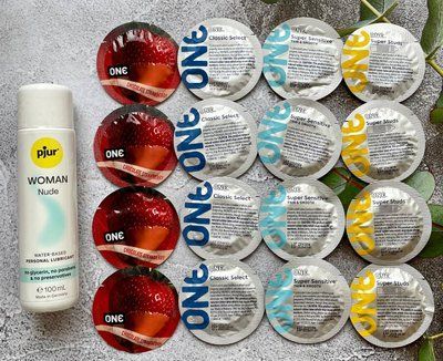 Комплект 16 шт ONE Classic, Super Sensitive, Flavor Waves, Super Studs + лубрикант pjur Woman Nude 100 мл SOS2442 фото