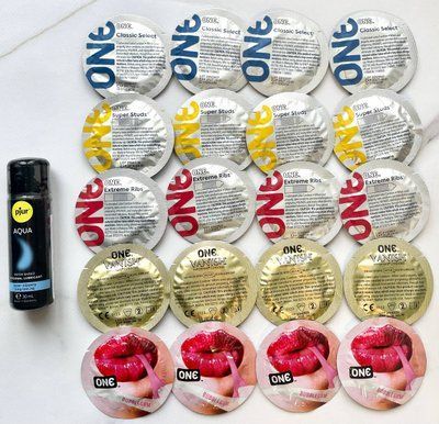 Набор 20 шт - ONE Super Studs, Classic, Vanish, Extreme ribs, Flavor Waves + Лубрикант pjur Aqua 30 мл SOS1891 фото