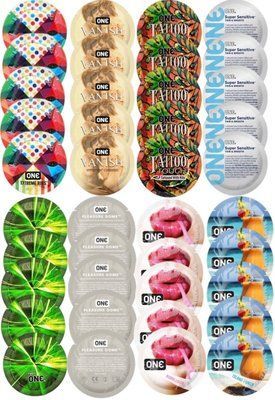 Набор с 40 шт ONE Ribs + ONE Vanish + ONE Tattoo + ONE Sensitive + ONE Glowing + ONE Dome + ONE Bubblegum + ONE Island Punch SOS8313 фото