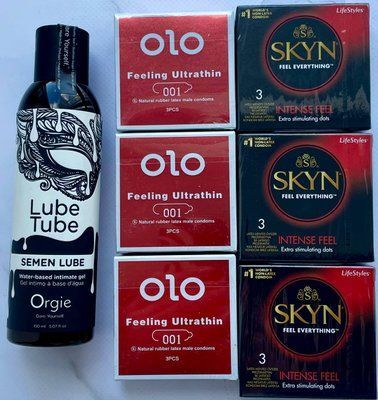 Набор 18 шт OLO возбуждающий 001 + Skyn ​​Intense Feel + Лубрикант SEMEN LUBE 150 мл Orgie SOS3816 фото