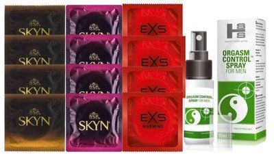 Комплект: Пролонгатор SHS Orgasm Control Spray 15 мл + 8 шт. SKYN + 4 шт. EXS Warming SOS10928 фото
