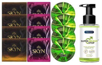 Комплект: Пролонгатор Super Orgasm Stop Гель (150 мл) + 8 шт. SKYN + 4 шт. One Glowing SOS10778 фото
