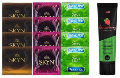 Набір: Смазка Intt Strawberry (100 мл) + 4 шт SKYN Passion daiquiri + 4 шт SKYN CHERRY SUNRISE + 4 шт Delay Infinity SOS10374 фото