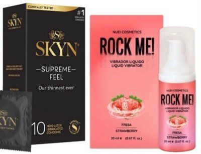 Набор из Skyn ​​Supreme Feel 10 шт + Жидкий вибратор ROCK ME! Strawberry (20 мл) от Nuei SOS10274 фото