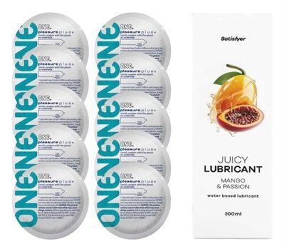 Комплект 𝐎𝐍𝐄 𝐏𝐥𝐮𝐬 10 шт. + Лубрикант Satisfyer Juicy Lubricant Mango & Passion (300 мл) SOS12333 фото