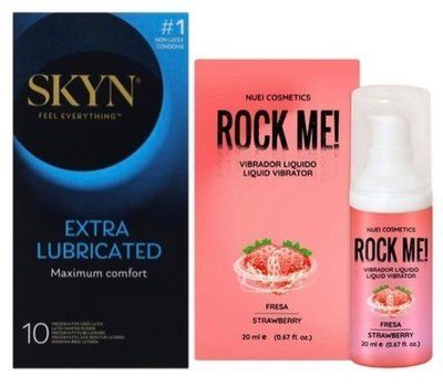 Набор SKYN Extra Lube (10 шт) + Жидкий вибратор ROCK ME! Strawberry (20 мл) от Nuei SOS10174 фото