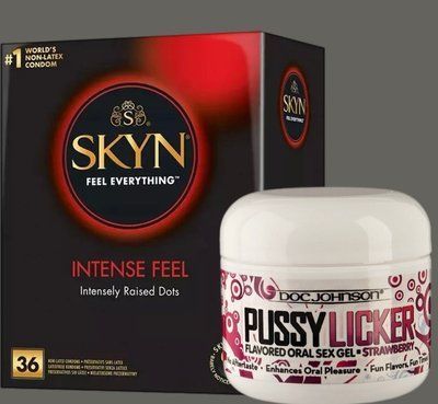 Комплект Skyn ​​Intense feel 36 штук+Гель Doc Johnson Pussy Licker Strawberry (56 г) SOS5382 фото