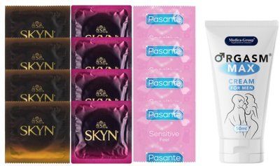 Комплект: Пролонгатор Medica-Group Orgasm Max 50 мл + 8 шт SKYN + 4 шт Pasante Sensitive SOS10954 фото