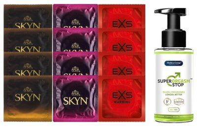 Комплект: Пролонгатор Super Orgasm Stop Гель (150 мл) + 8 шт. SKYN + 4 шт. EXS Warming SOS10805 фото